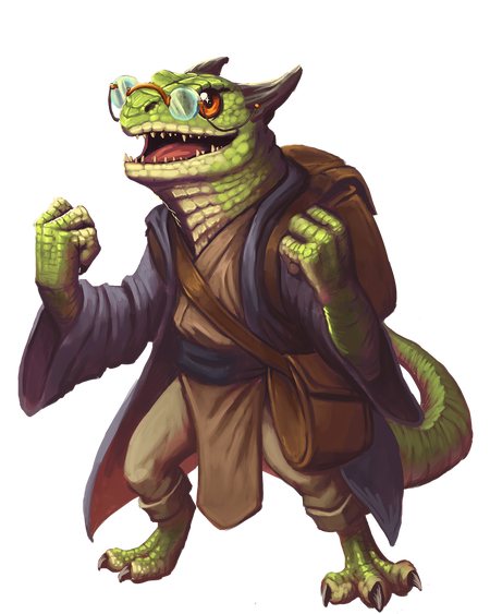 Nixret, artist Bruno Cesar: A green scaled kobold looks on with wonder and joy