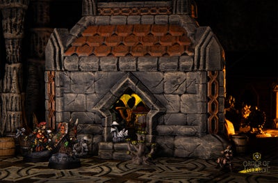 a miniature of the exterior of a stone temple with the player character miniatures outside of the door