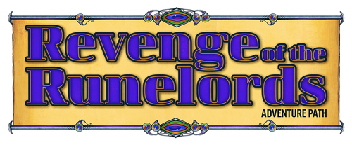 Revenge of the Runelords Adventure Path logo: purple text over a yellow banner background
