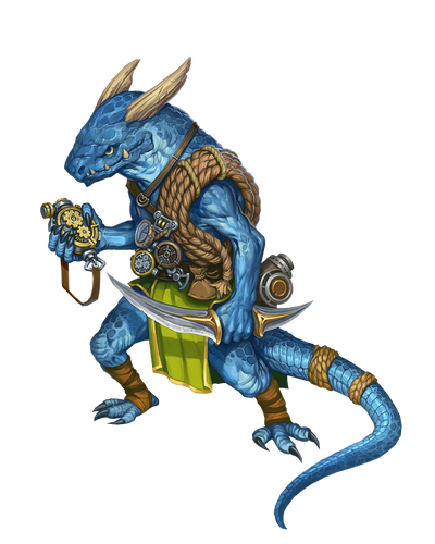 Illustration by Denis Zhbankov : Trapmaster Tok is a kobold achemtist armed with a dagger and all manner of mechanisms for building traps.