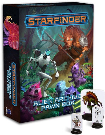 Starfinder Alien Archive Pawn Box: the box cover art features an illustration of many different colored, fuzzy, six armed aliens called skittermanders running from an automaton and a dragon-oid alien.