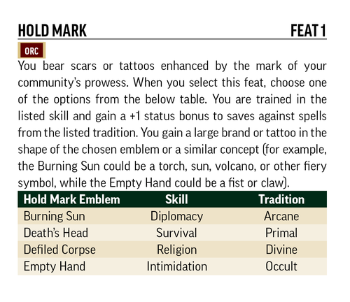 Hold Mark Feat and table from The Pathfinder Second Edition Remaster Player Core: Hold Mark, Feat 1, You bear scars or tattoos enhanced by the mark of your community's prowess. When you selet thusi feat, choose one of the options from the below table. You are trained in the listed skill and gain a +1 statys==us bonus to saves sagainst spells from the listed tradition. You gain a large brand or tattoo in the shape of the chosen emblem or a similar concept (for example, the Burning Sun could be a torch, sun, volcano, or other fiery symbol, while the Empty Hand could be a fist of claw)