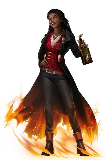 Art by:Sophie Medvedeva. Lubaiko, goddess of wildfire, inspiration, and turmoil. She resembles a human woman wearing a stylish coat with flames licking at the coat’s tail
