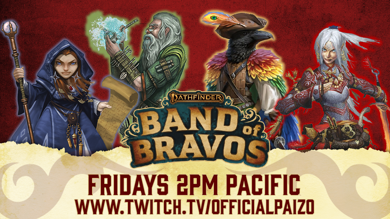 Paizo Band of Bravos graphic featuring  a halfling druid in blue robes, a wizard in green robes, a tengu swashbuckler in a brightly colored cloak. and a white haired half-elf bard