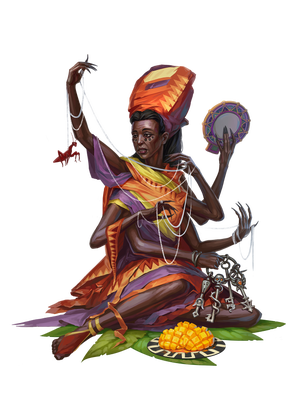 Grandmother Spider, A dark skinned woman, dressed in brightly colored robes, holding multiple threads