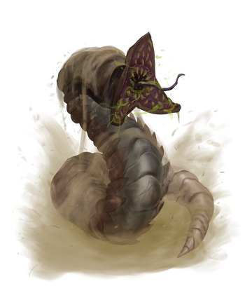 Drillworm, artist Fabio Di Bernardi; An armored worm with a trefoil mouth and a drill-tipped tail lurches from the sand, mouth open and lined with sharp teeth.