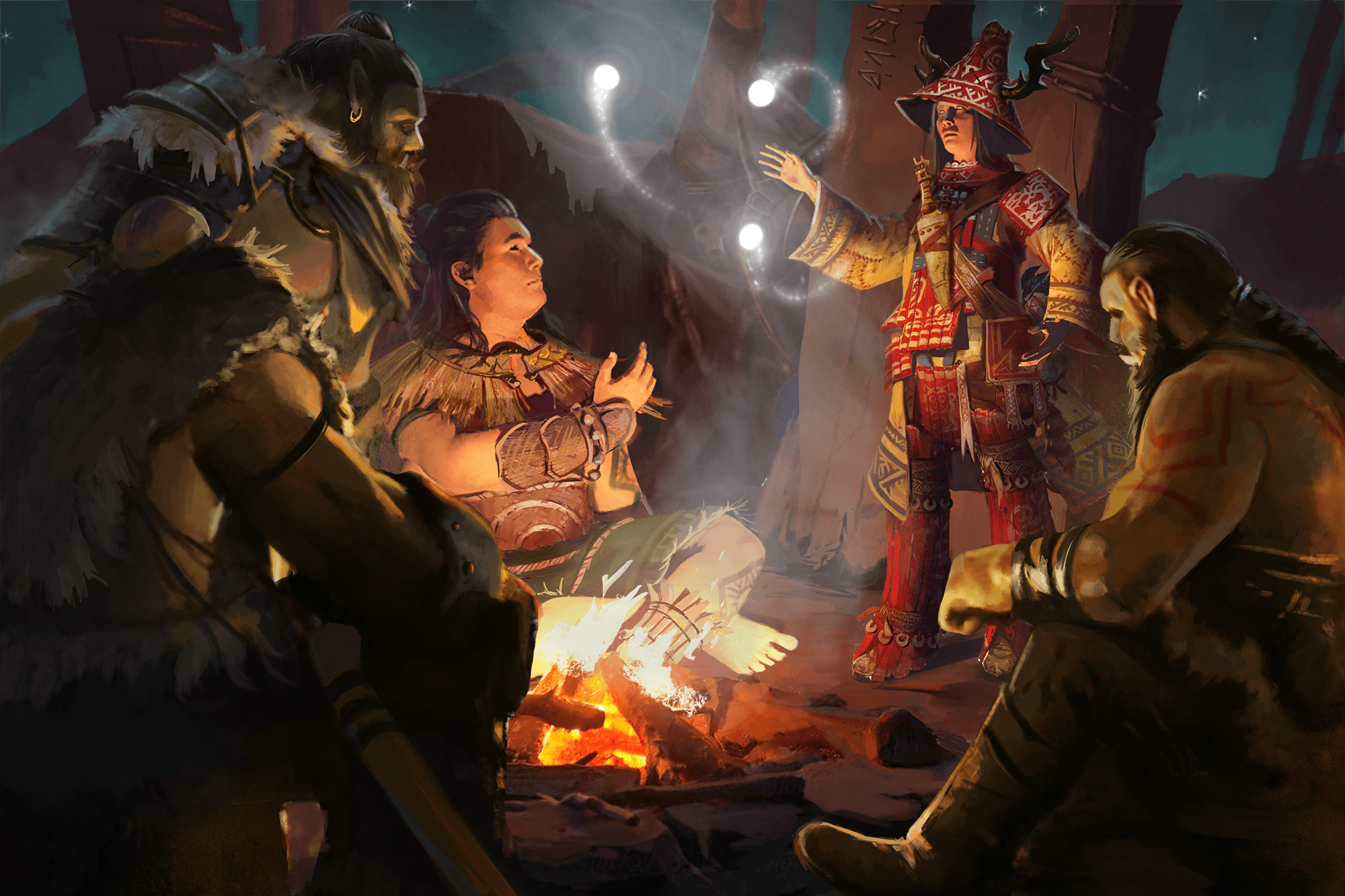 Illustration by Oleksii Chernik: Iconic heroes, Samo and Nahoa, sitting around a fire with a group of orcs telling stories