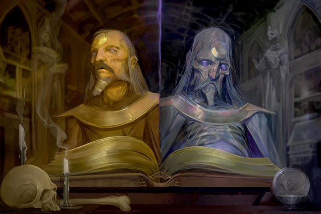 A split image showing a warmly lit elderly man looking over a book on one side and a skeletal man in cool lighting looking over the same book on the other side of the imag
