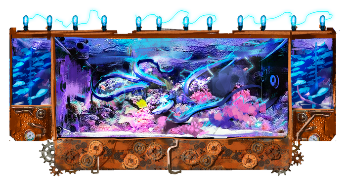 An aquarium full of eels with blue lights across the top
