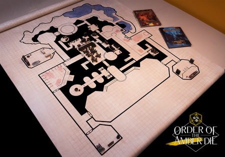 An angled top down view of a square tiled dungeon map