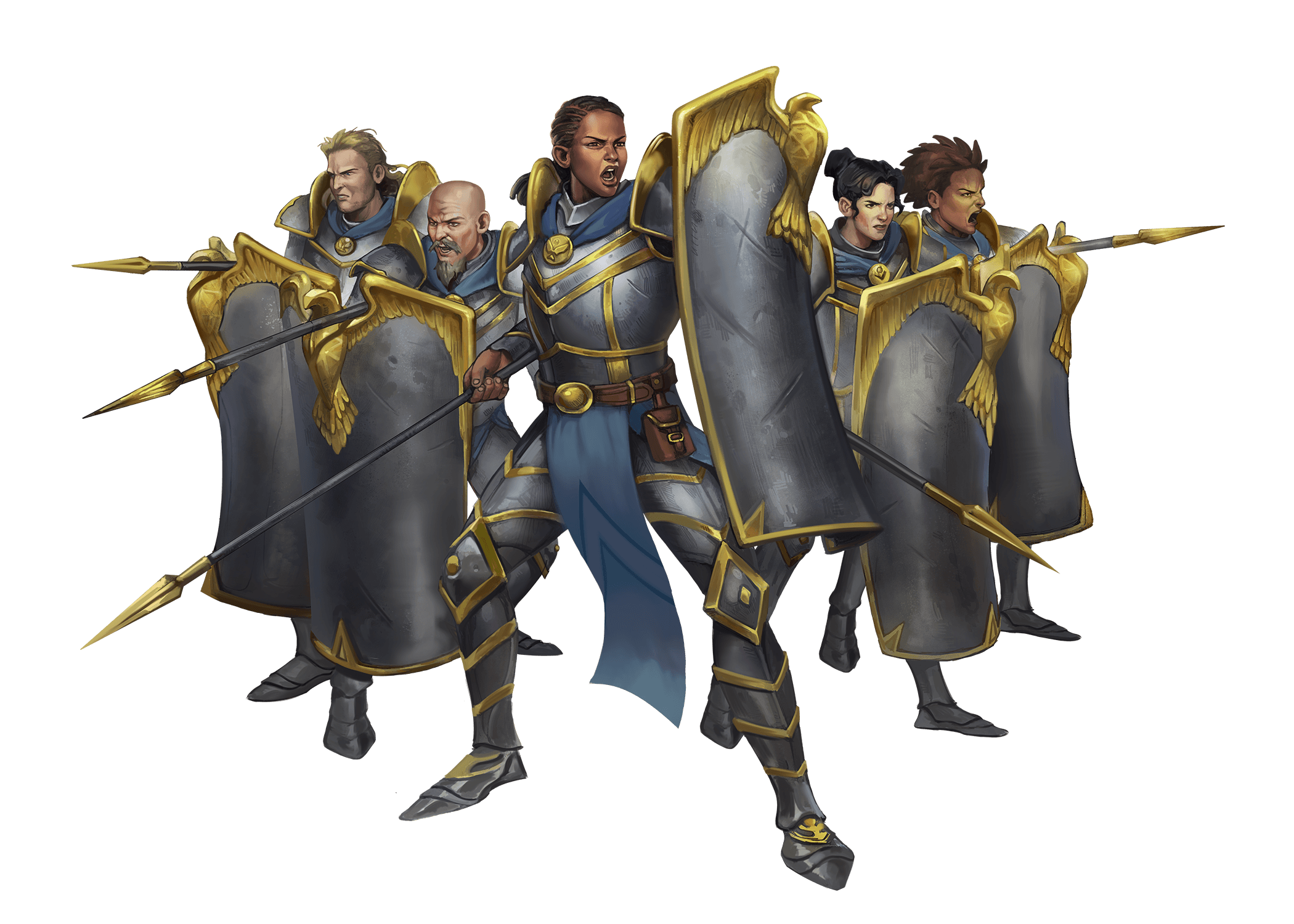 Ironkettle’s Wall, artist Felipe Fornitani: A troop of Andoren infantry are ready for defense or offense with gleaming shields and spears