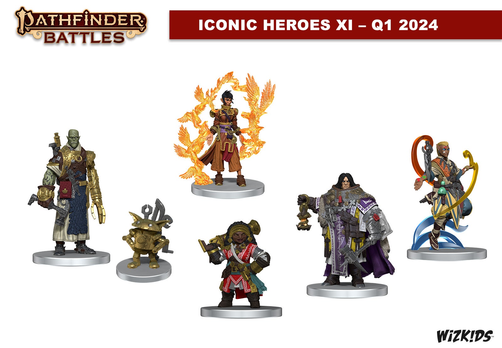 Production sample photo of the next round of Iconic Miniatures, featuring Yoon, Nhalmika, Droven, Mios, Thaleon, and Whirp.