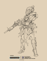 Concept art of Navasi, a human envoy, art by Kent Hamilton