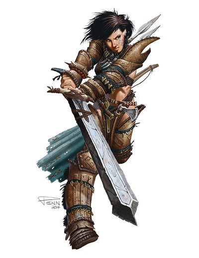 Illustration by Michael Penn: The iconic barbarian charges toward the viewer in a menacing crouch, her giant blade in mid-swing before her