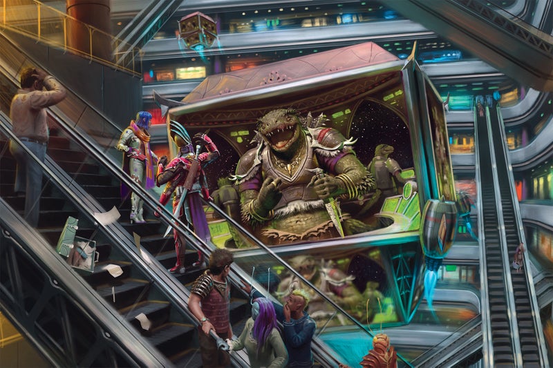 A vesk holding a dagger appears on a floating screen in the middle of a mall-like complex. Many people standing on an escalator near the screen stare at it in shock