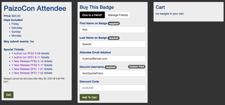 PaizoCon on Tabletop.Events Ticket purchasing screenshots