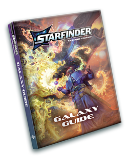 Starfinder Second Edition Galaxy Guide: Starfinder iconic witchwarper Zemir, using magic to look into a bright golden cosmos