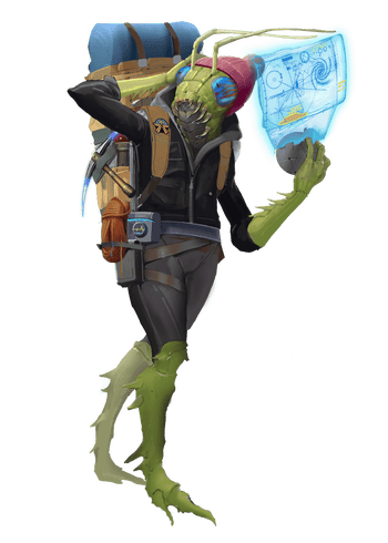 artist Renan Maurilio: An insectile, shirren Starfinder agent named Zizenzi scratches the back of their head while examining their surroundings and referencing a holographic surveying device. They wear a knit cap, practical clothes, and an overflowing backpack.