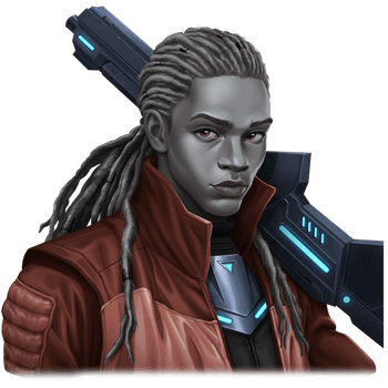 Naeyri: A head and shoulder illustration of a human with cool toned dark skin, wearing a burgundy jacket. They're looking into the distance with a rifle sitting on their left shoulder.