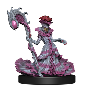 A great and pink fungus leshy, whose body is draped to resemble robes and a high collar, holding a staff in one hand