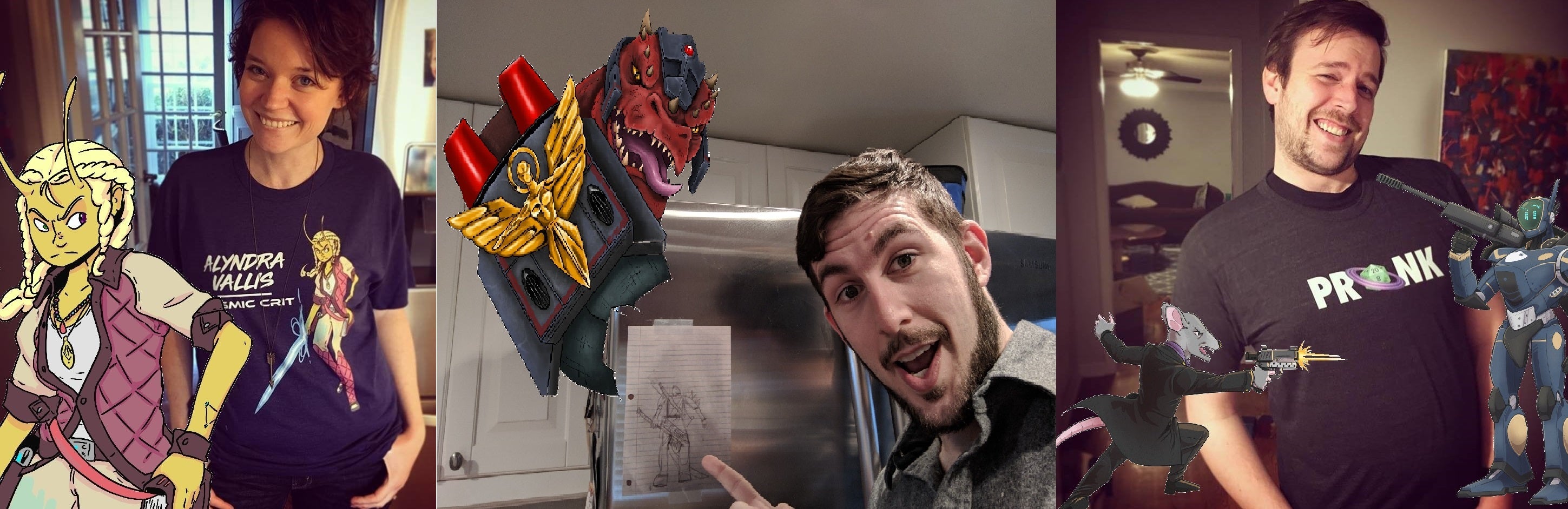 Group image of the cast next to illustrations of their player characters