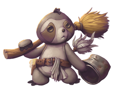 Illustration by Bruno Cesar: A poppet shaped like a stuffed sloth wields a broom and other cleaning equipment as though it were adventuring gear