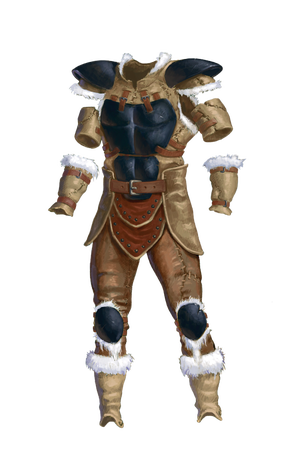 Ursikka hides armor: a light, flexible, body armor edged in white fur with a dark breastplate and knee and shoulder armor