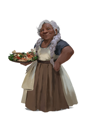 Sanra Copperstone, Art by Sandra Posada : An older dwarven woman with dark skin. She’s holding a plate of food and looks kind and caring