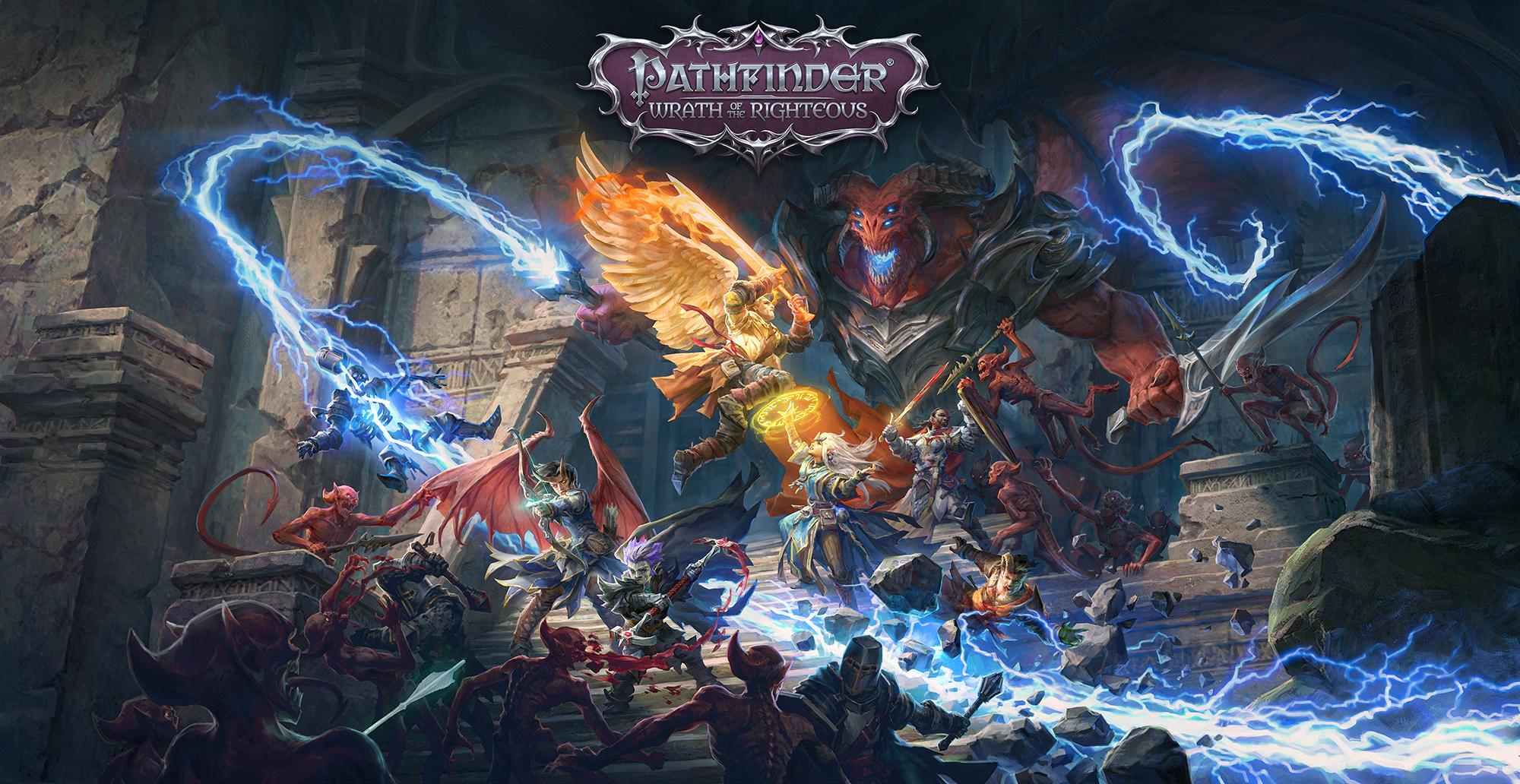 Pathfinder Wrath of the Righteous key art, the heroes battling a large, red, winged, armored demon
