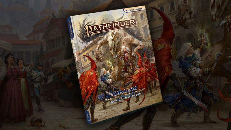 Absalom City of Lost Omens: The iconics battle red robed cultists in a city square while a large monster lurks behind them