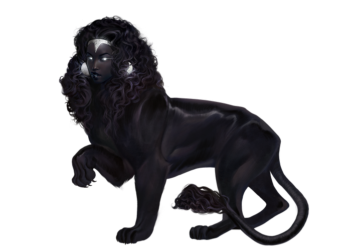 Art by Sophie Medvedeva. Luhar, goddess of death, dreams, and destiny. She is a jet-black lioness with the head of a woman and eyes that grow bright like the moon.