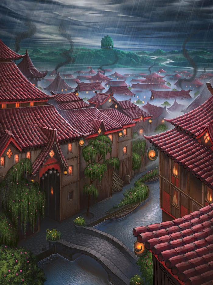 Illustration by Mylene Bertrand : A skyline view of the town of Willowshore. 