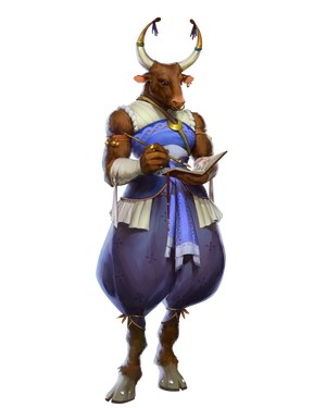 Charikleia, art by Gunship Revolution. A minotaur scribe, dressed in blues and purples with gold jewelry holding a notebook with a brush