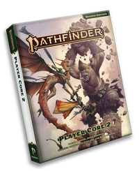 Pathfinder Second Edition Player Core Two Hard Cover: pathfinder iconic alchemist, Fumbus the goblin, riding the back of a small dragon wearing a blue scarf towards a cyclops throwing boulder at them