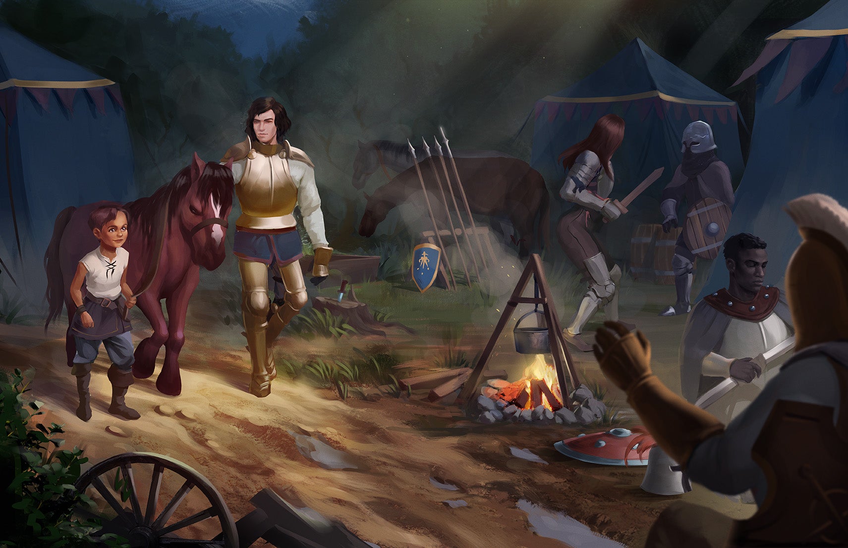 Illustration by Ainur Salimova. A knight guides a horse and child into an encampment full of other knights resting, sparring, cooking, and tending to their weapons