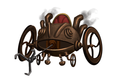 A steam powered wheelchair shaped like a frog
