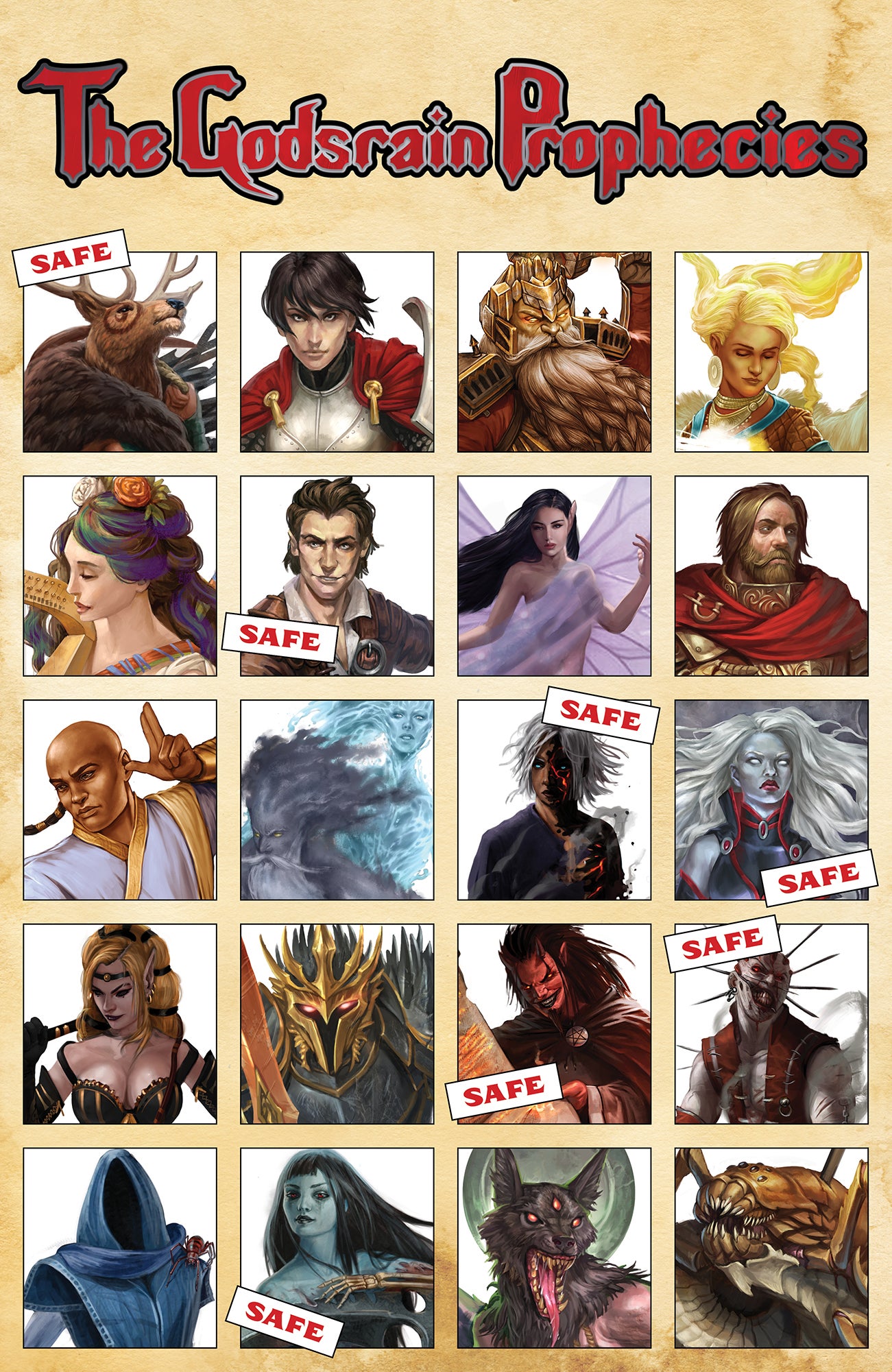 An array of 20 portraits depicting the gods of the Pathfinder setting. Asmodeus, Cayden Cailean, Erastil, Nethys, Pharasma, Urgathoa, and Zon-Kuthon’s portraits have been marked “safe.”