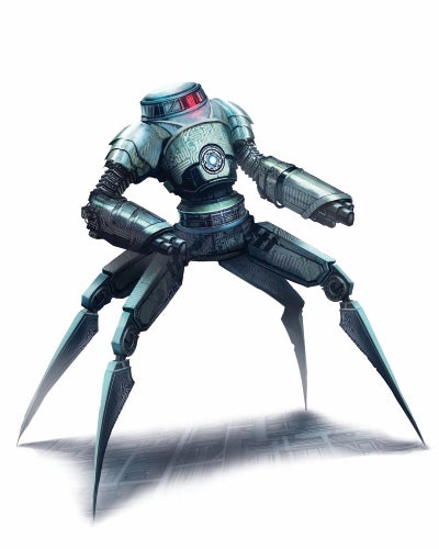 Artist Mark Molnar: Four-legged battle robot with glowing red face laser.