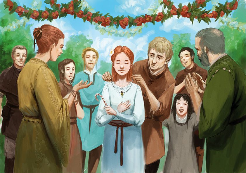 Illustration by Maichol Quinto: A father dressed in simple linen garments draping a necklace around his daughter's neck, her arms are crossed and she hold a small red and white striped cane in one hand while a crowd cheers around them