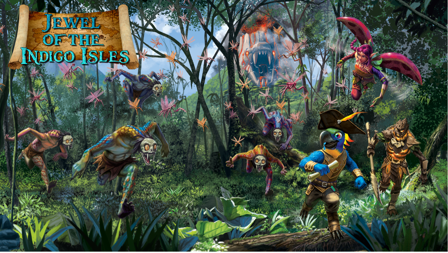 Jewel of the Indigo Isles. Adventurers run through a dense jungle from a number of different monsters