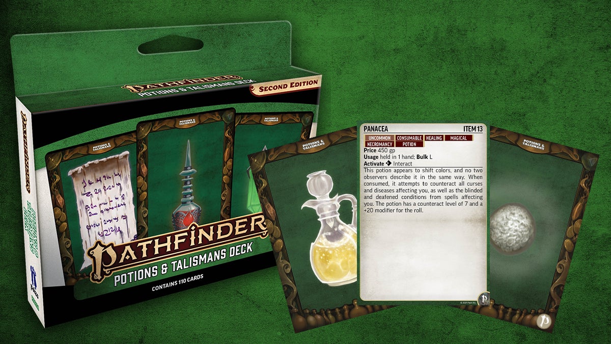 Pathfinder Potions and Talismans deck box and card mock ups, a glass decanter with a bubbling yellow potion and a tall mysteriously glowing red potion