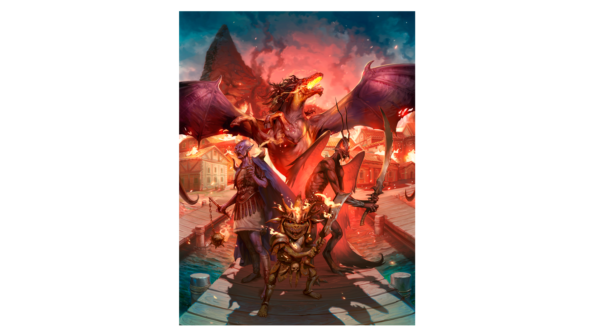 The cover of Seven Dooms for Sandpoint, depicting four of the dooms standing in formation while Sandpoint burns around them