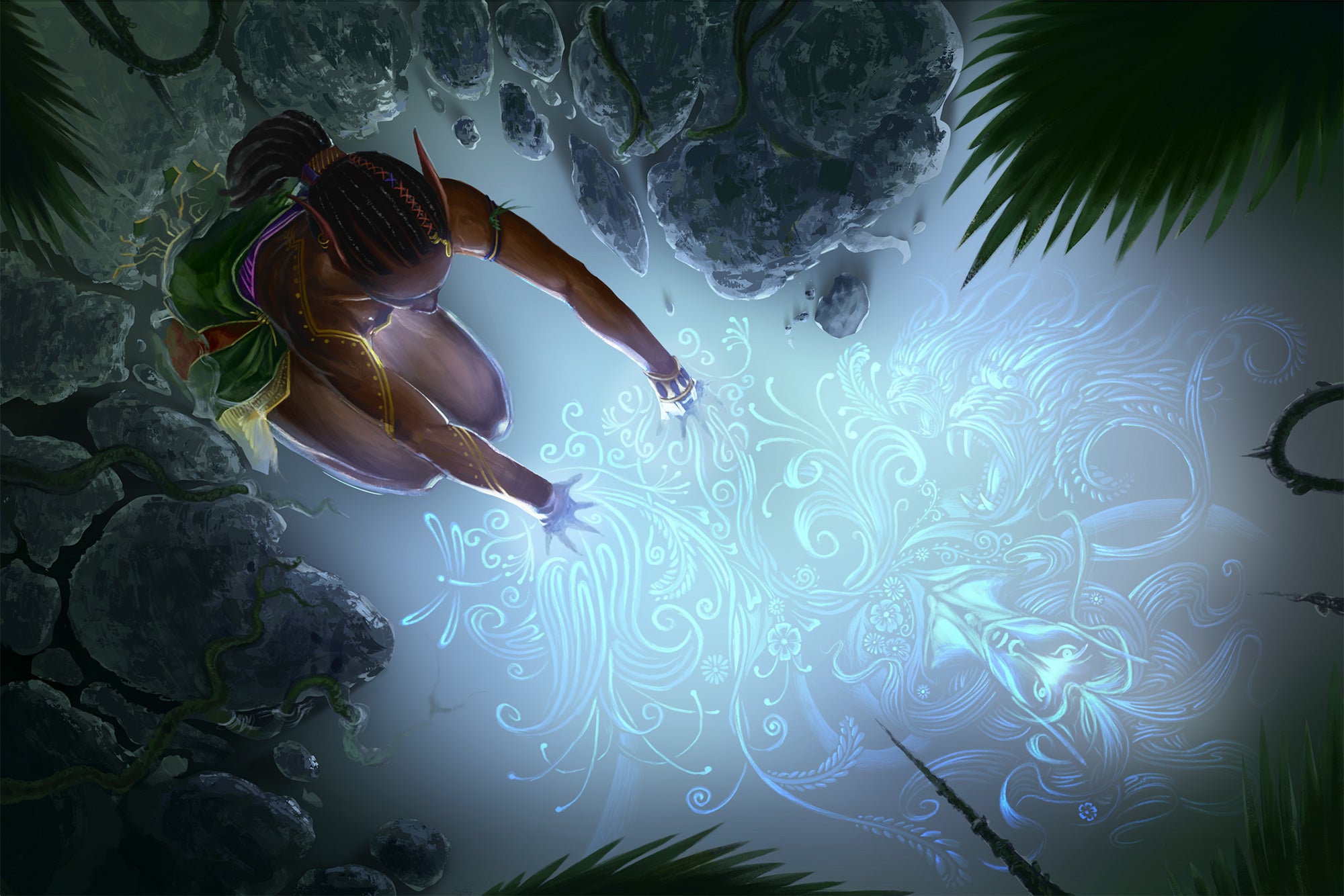 Kalliwae Opener by José Luis Islas López : A dark skinned elf reaching down into a pool of water that is glowing with magic making swirling patterns emanating from their hands 