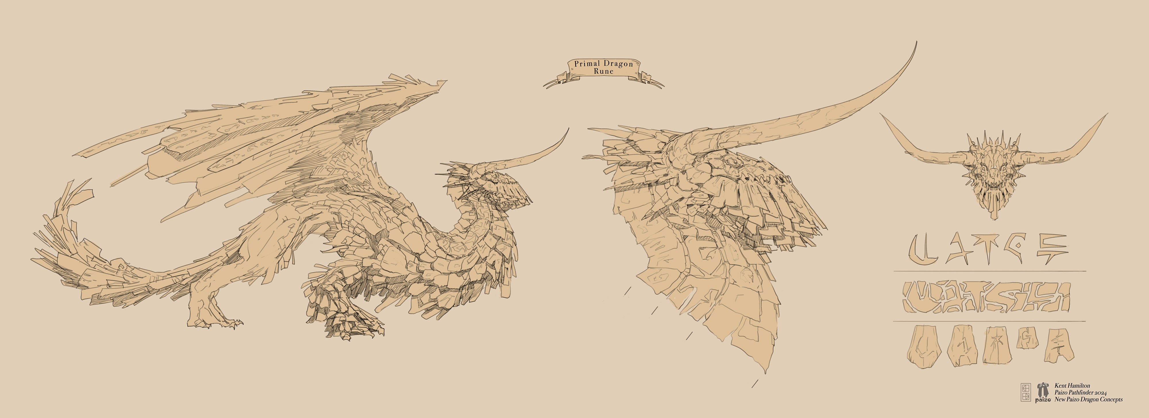 Rune Dragon Concept, artist Kent Hamilton: A sketch design of a rune dragon, a dragon with thick scales each marked with a magical rune. The sketch includes a close-up look of the dragon’s head and long horns.