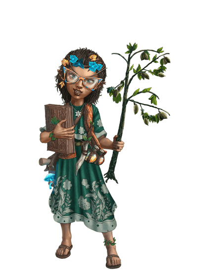 Art by Cagdas Demiralp: Nochtli Tlatoa, a gnome dressed in floral green clothing, holding a book and a leafy branch