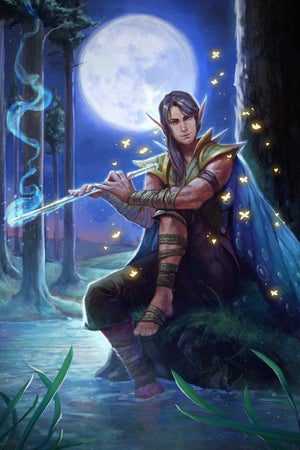 Mythic Azata, a long eared, winged azata dips their toes into a forested pond while they play the fluit