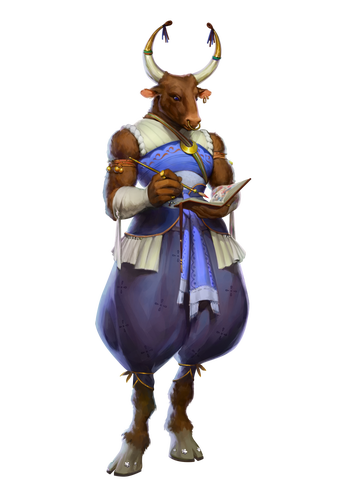 Illustration Gunship Revolution : A full body illustration of the Charikleia, a minotaur scribe