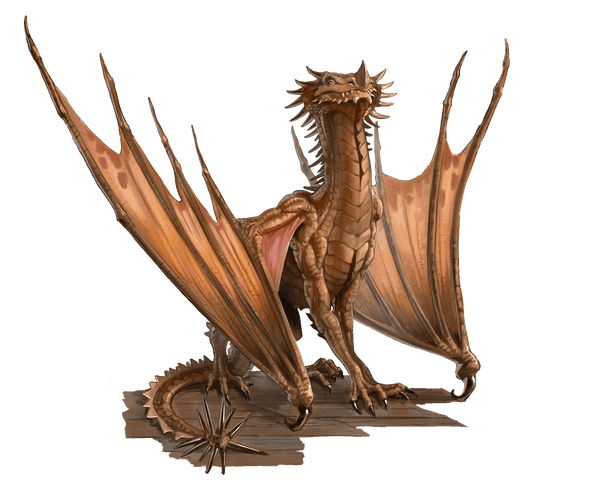 Quill (dragon form), artist Rodrigo Gil: A young, orange scaled, horned dragon holds their head up with pride, despite being forced to ask for help