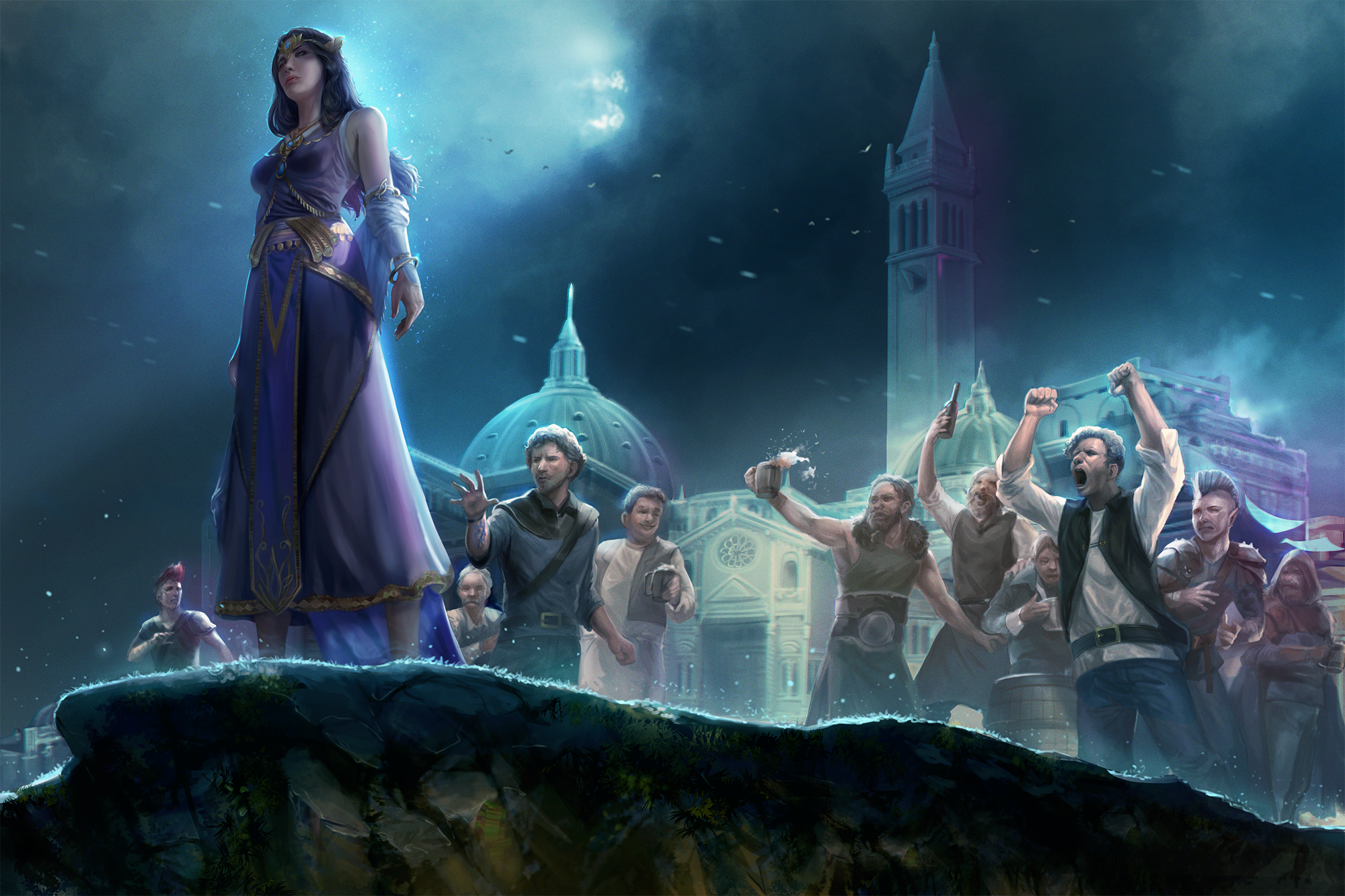 Illustration by Mirco Paganessi: A woman dressed in fancy clothing is cautiously approaching the edge of a giant chasm in a city. A bunch of rowdy drunks and street punks are cheering the woman on.