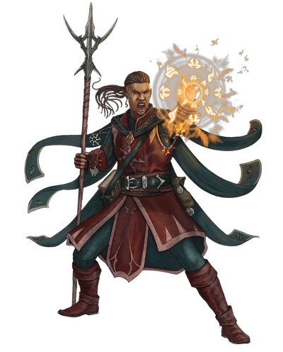 Art by Cagdas Demiralp: a practitioner of rune magic, dressed in red robes with multiple blue scarves, summoning magic